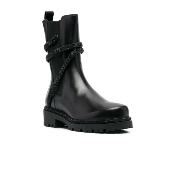 Rene Caovilla Black Leather Ankle Boots with crystal snake detail